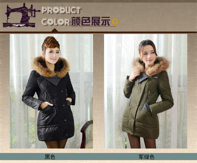 2013秋冬韓版時尚女裝 拼色拼接中長款真毛羽絨服批發采購指南